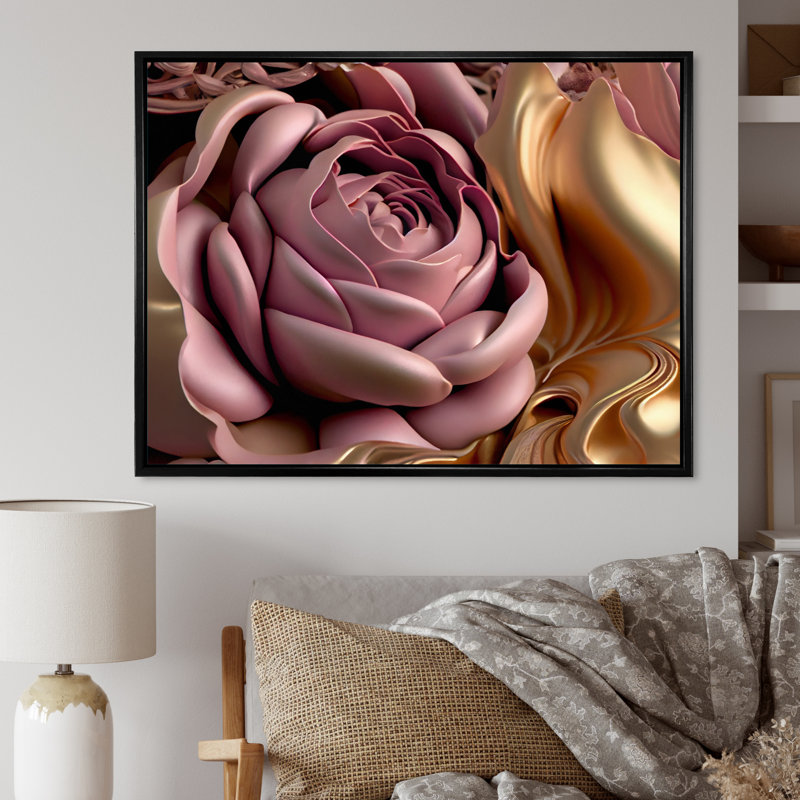 Art floral rose et rose II, H 30 po x l 40 po, Reproduction avec cadre flottant, Noir