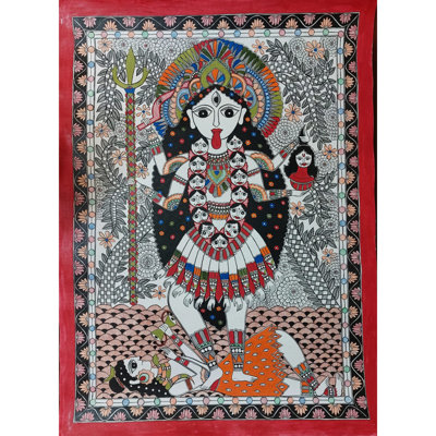 Kali Maa Madhubani Acrylic Painting on Handmade Paper, 30x22 Inch Indian Folk Art Wall Decor by Lalita Ray
