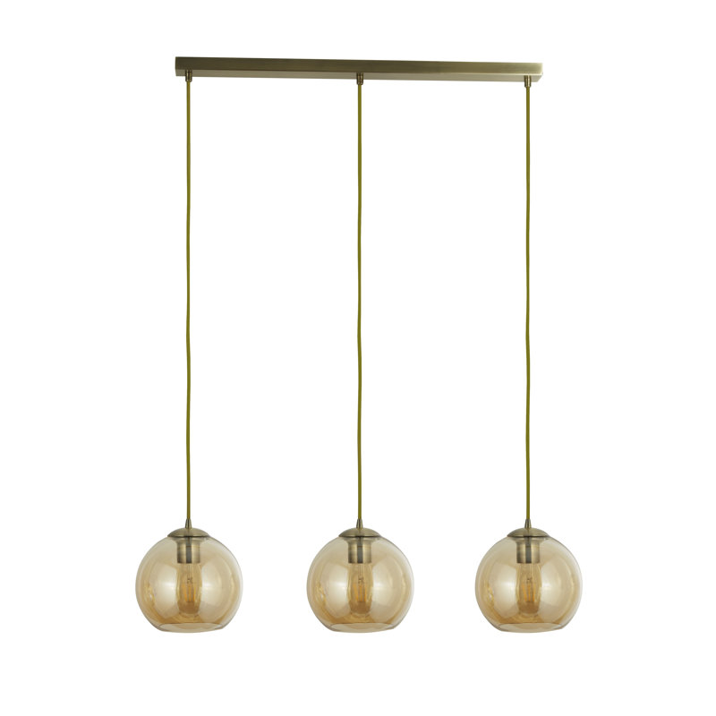 3 - Light Kitchen Island Globe Pendant, Antique Brass/Amber