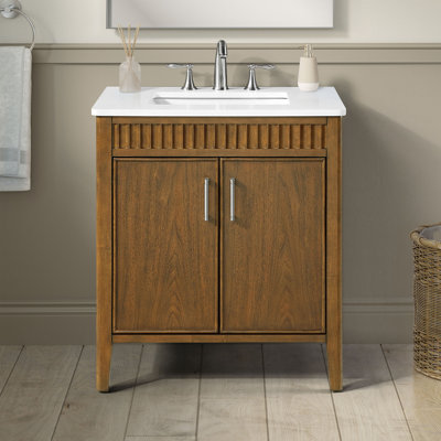 Elise 30 In. Single Sink Freestanding Warm Walnut Bathroom Vanity With White Quartz Top And Brushed Nickel Hardware