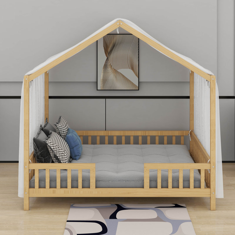 Cadre de lit double pour enfants, cadre de lit pour tout-petits en forme de maison avec balustrades hautes, Naturel