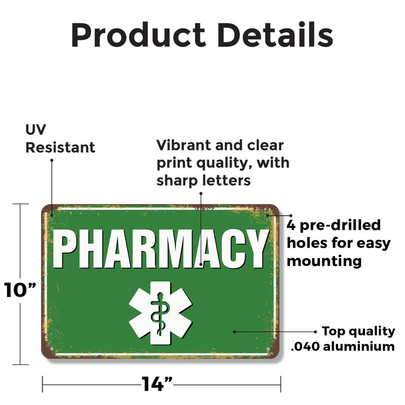 Enseigne fantaisie en aluminium 10 po x 14 po P Pharmacie Street