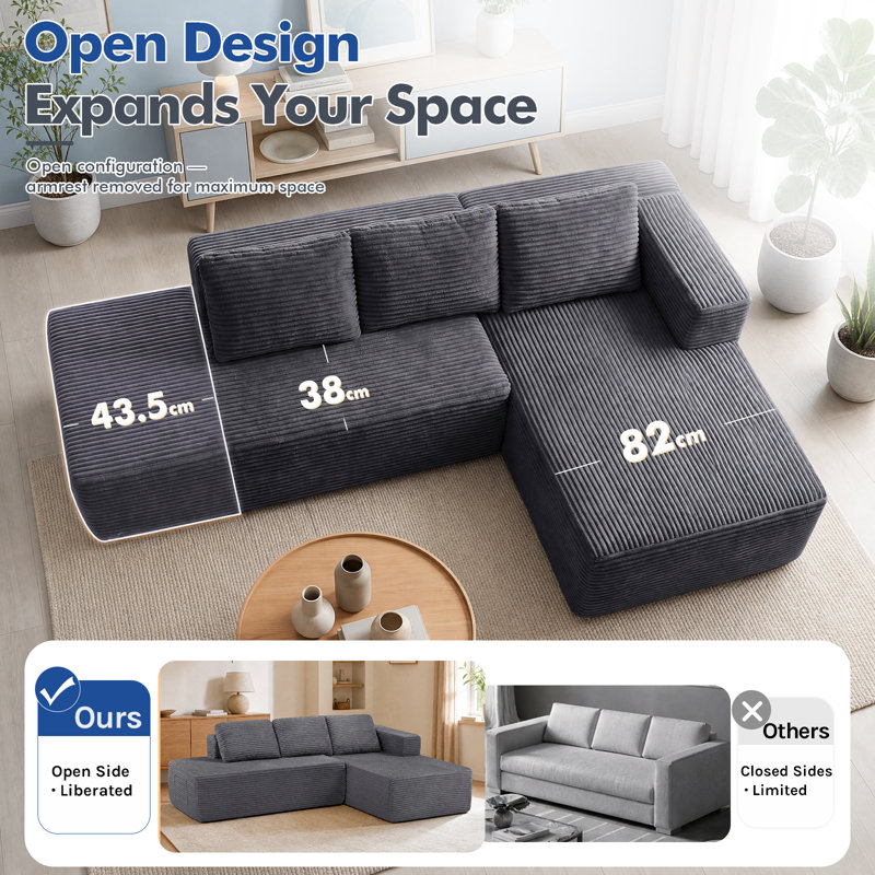 3 Seater Corduroy Sectional, Grey