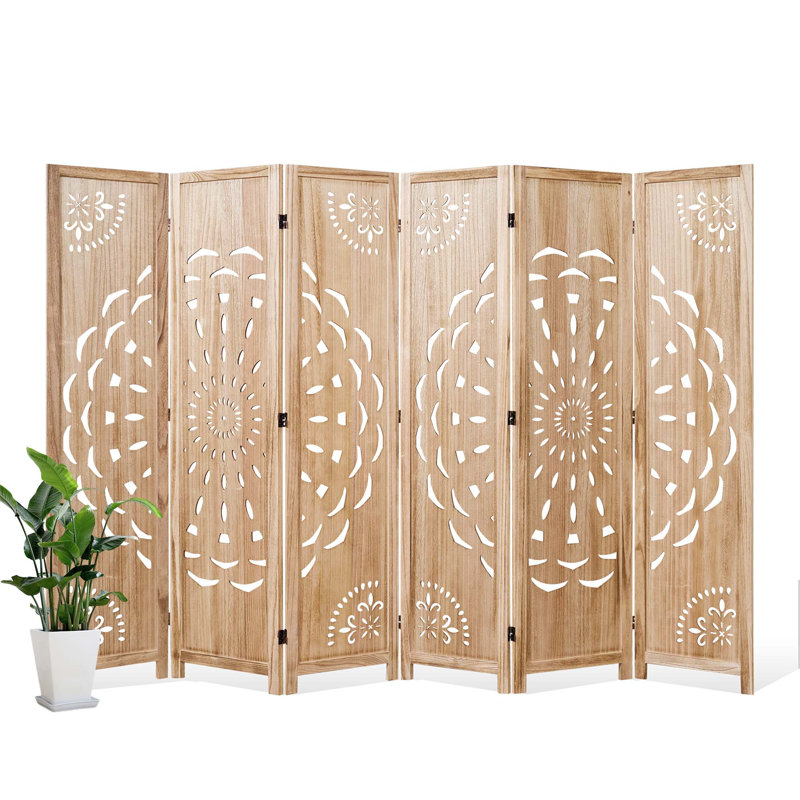 Paravent 6 panneaux pliant avec motif pivoine, finition bois clair, 6, Bois