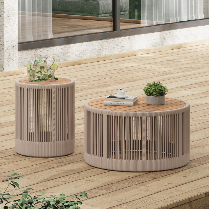 Ensemble de 2 tables basses et tables d'appoint, Plateau en teck / base beige