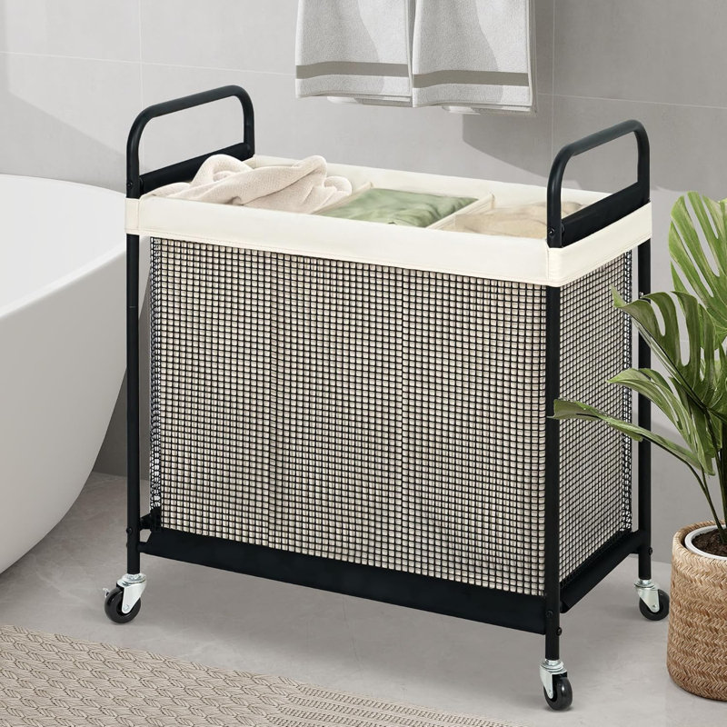 Panier à linge 3 sections, chariot de trieur à linge roulant 120 L avec sac de doublure amovible et lavable
