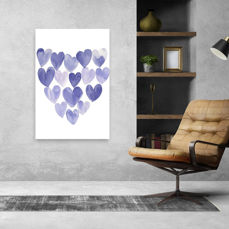 Purple Watercolor Hearts Abstract Delicate Romantic Lavender Violet Wall Art Print 1 Piece Wrapped Canvas Wall Art