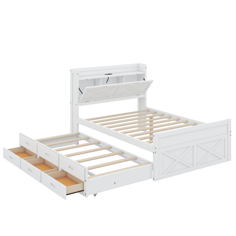 Full Size Wooden Extendable Bed With Storage Headboard, Outlets, Twin Size Trundle And Drawers, White