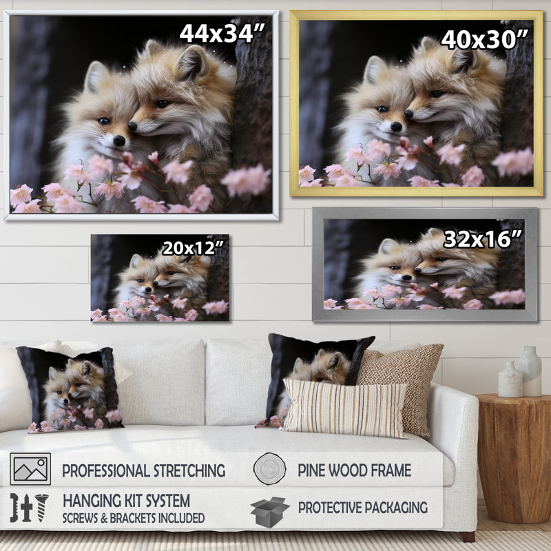 «Springtime Foxs Gaze I», art mural animal, Cadre flottant doré, H 16 po x l 32 po x P 1 po