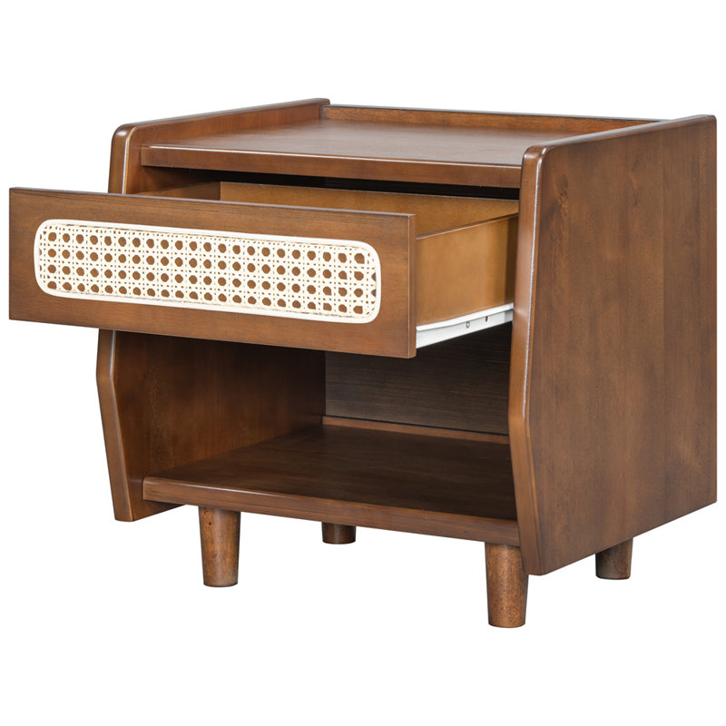 Table de chevet avec détails en rotin, Noyer