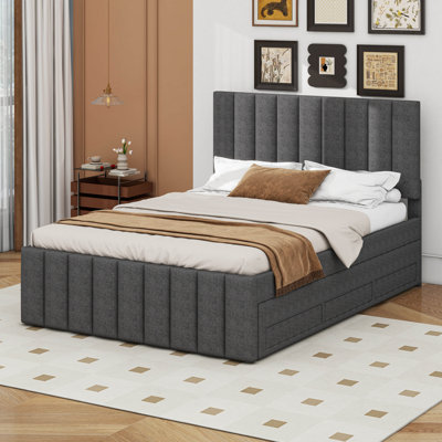 Full Size Upholstered Platform Bed With Twin Size Trundle And 3 Drawers