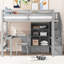 Lit mezzanine double avec bureau en L et tiroirs, armoire et escalier de rangement, gris