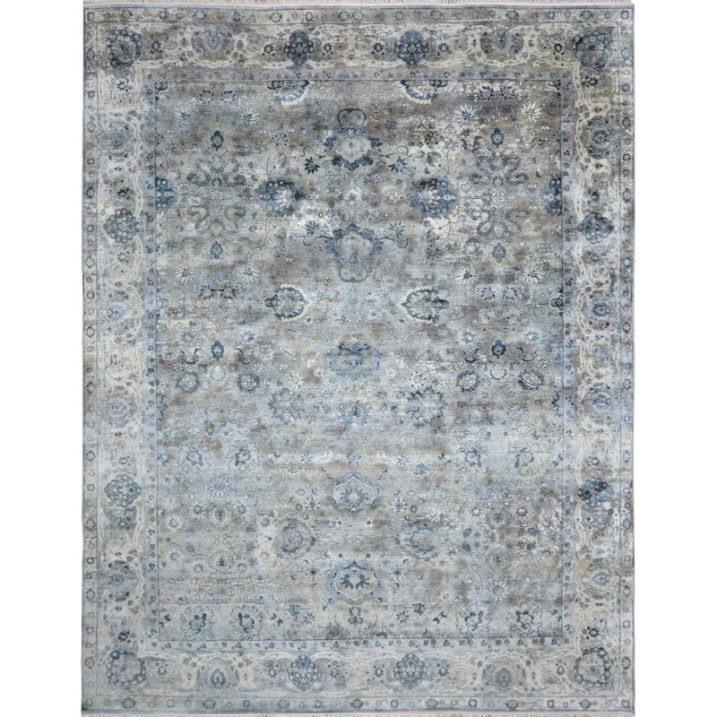 Silk Southwestern Area Rug in Gray/White/Oranged, Rectangle 5' x 8'