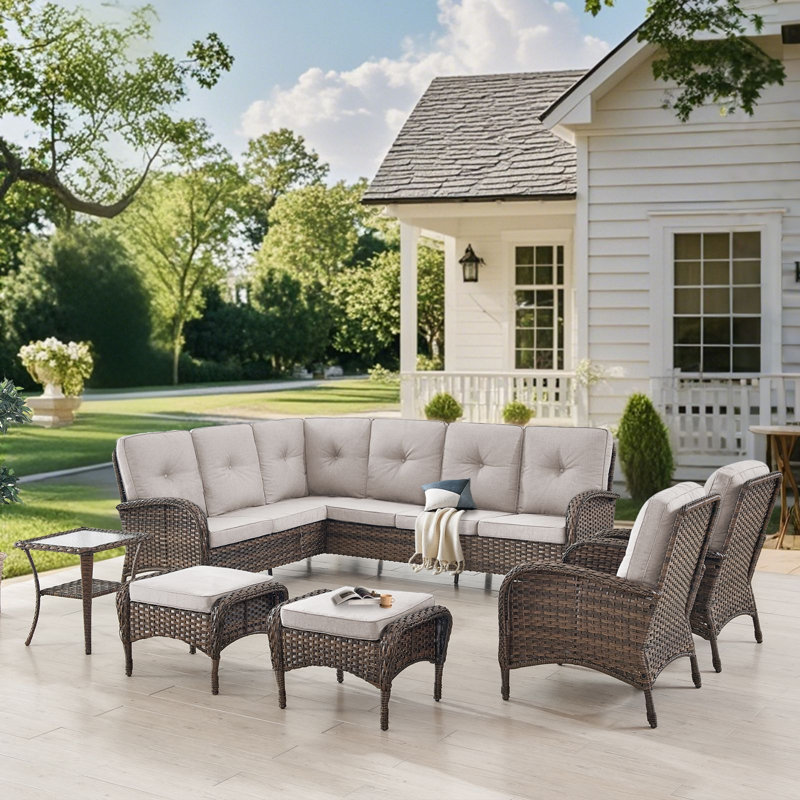  Valierius L-Shaped Outdoor Sectional Sofa Set With Patio Chairs, Ottomans & Side Table, Beige