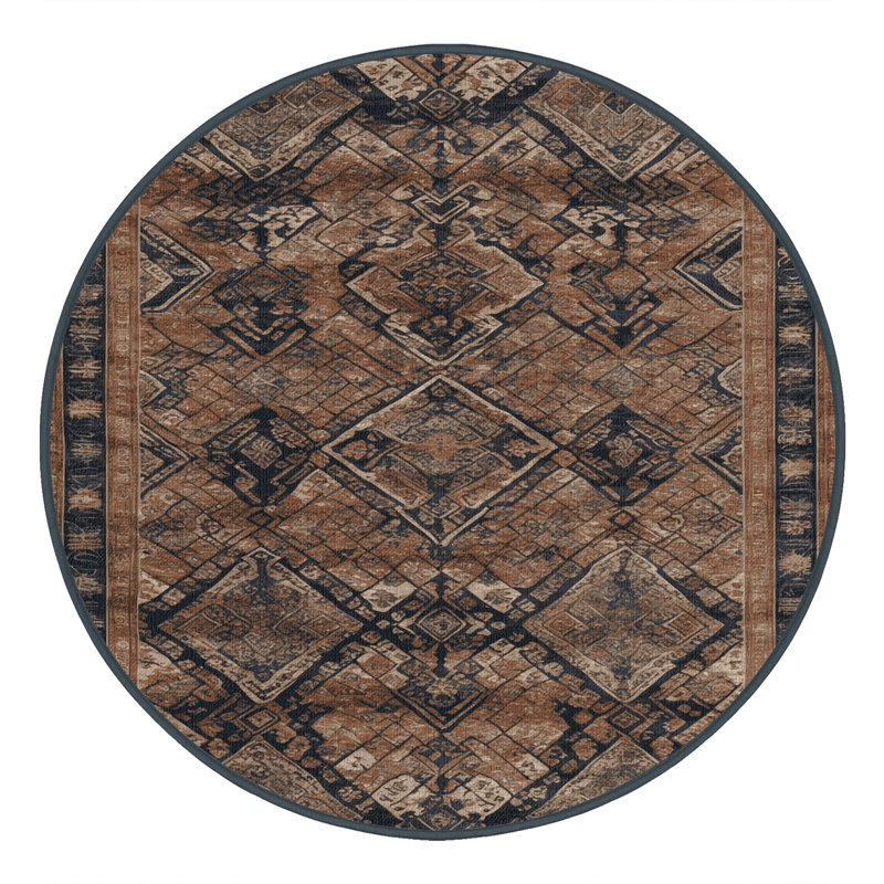 Machine Washable Art Deco Brown Area Rug, Round 7'