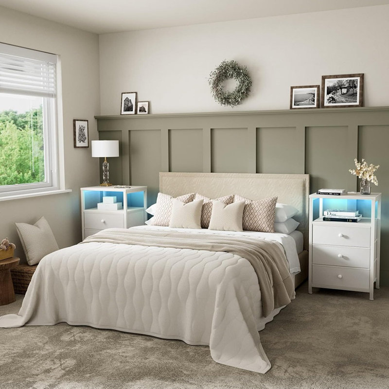 White Night Stand With 3 Fabric Drawers, Nightstand With Charging Station Led Nightstand For Bedroom