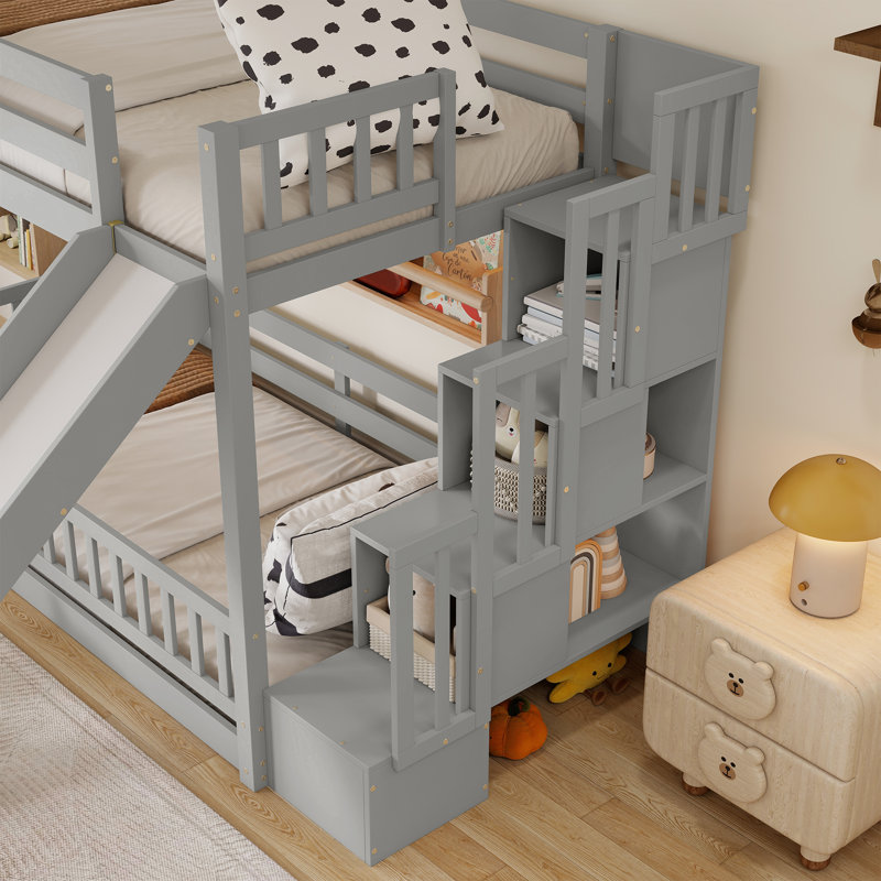 Lit superposé Montessori pour deux personnes avec glissade, escalier de rangement, éclairage DEL et tablette de chevet amovible, gris
