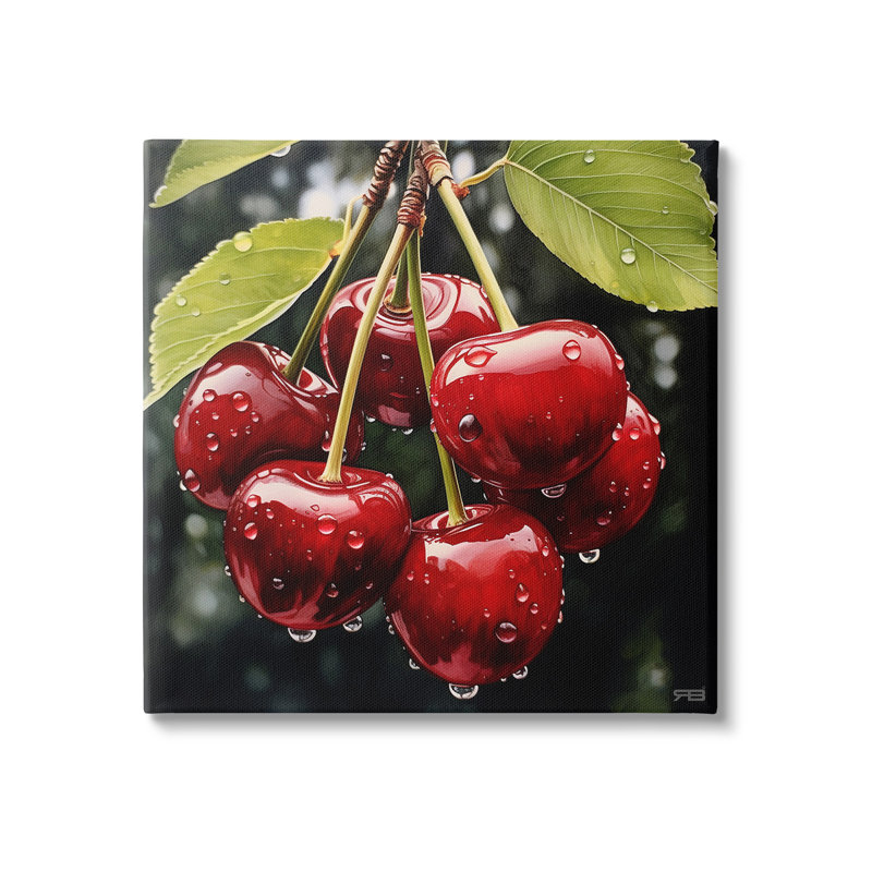 Art mural sur toile, "Cerises avec gouttelettes d'eau" par RB, H 36 po x l 36 po