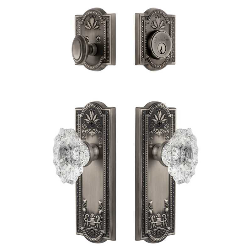 Ensemble de grandes plaques d'entrée Grandeur Parthenon avec bouton en cristal Biarritz, 2.375", Étain antique