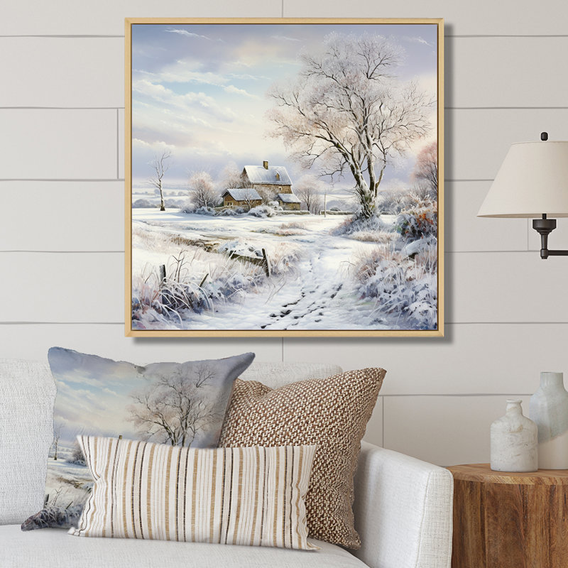 «Farmhouse Snow Winter Scenery» - art mural neige, H 36 po x l 36 po x P 1,5 po, Cadre flottant érable