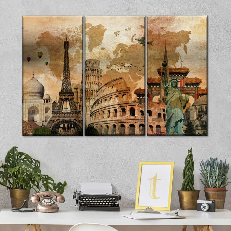 «Rustic Landmark World Map», reproduction sur toile, H 24 po x l 38 po x P 1,25 po