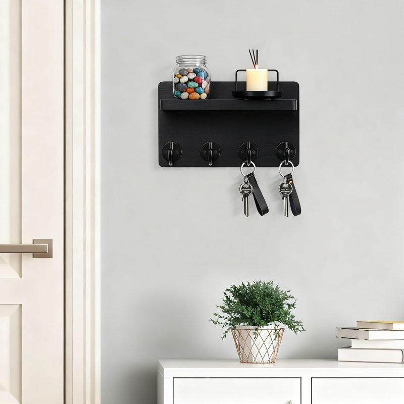 Support mural en bois pour porte-clés avec 4 crochets et tablette de présentation, organisateur mural peu encombrant pour le vestibule, le salon, la cuisine et le bureau personnel