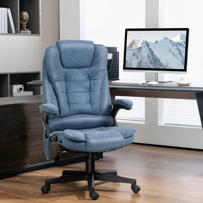 Chaise de bureau de massage à haut dossier avec 6 points de vibration et fauteuil chauffant inclinable en cuir PU avec accoudoirs et télécommande, bleu