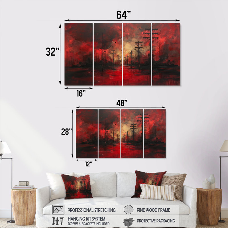 Ensemble de salon art mural rouge et noir Power Lines To The Darkness III, H 28 po x l 48 po