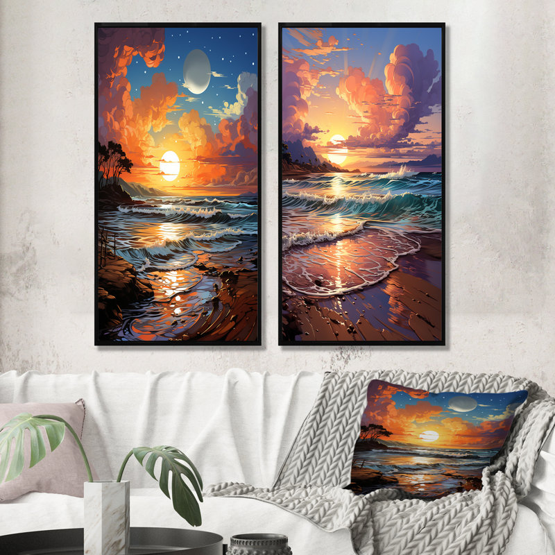 Beachside Sunset Horizon I - Coastal Beach, ensemble de 2 reproductions sur toile, Cadre noir, H 28 po x l 25 po