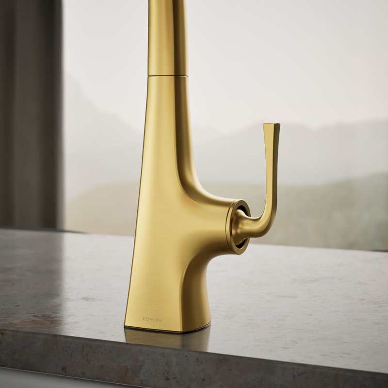 Graze Kitchen Sink Swing Spout Faucet With Sidespray, Vibrant Brushed Moderne Brass