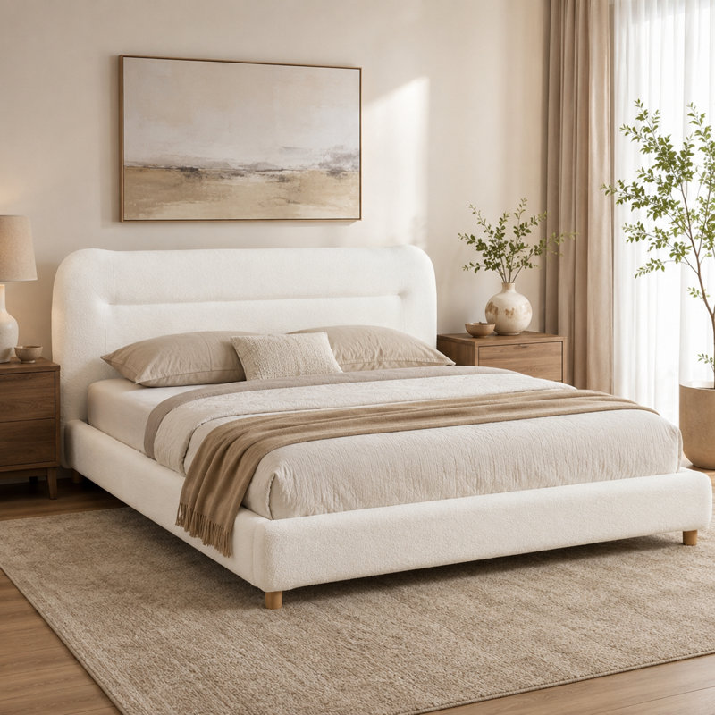 Lit tapissier en molleton très grand King Teddy avec tête de lit courbée, cadre de lit plateforme moderne avec support rembourré épais, crème