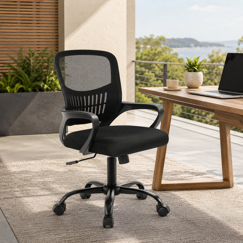 Black Ergonomic Desk Chair Featuring Mid-Back Mesh, Lumbar Support, Rocking Function, Height Adjustment, Fixed Armrests for Conference Use