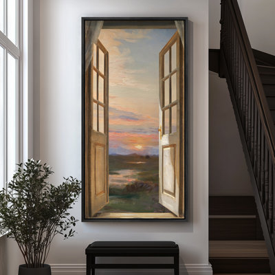 Open Window to Sunset Scenic View - Large Framed Canvas Master Bedroom Wall Art Print