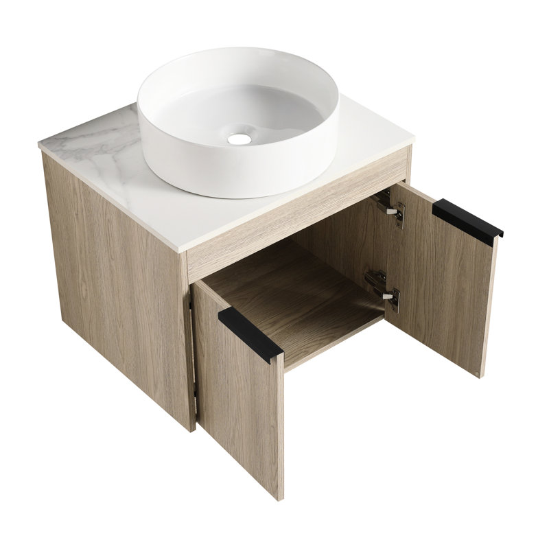 Meuble-lavabo de 24 po avec lavabo en céramique. Fixation murale en chêne blanc. Porte à fermeture en douceur pour un rangement moderne et paisible en chêne. Avec lavabo et robinet