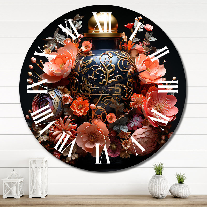 Horloge murale en forme de bouteille de parfum avec fleurs roses II, Très grand