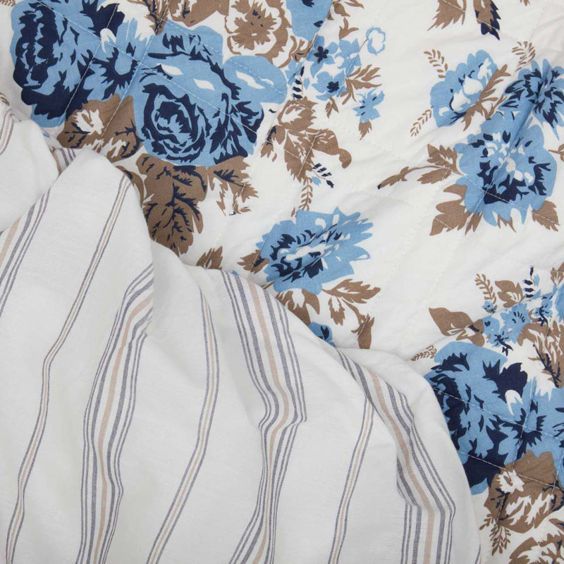 Annie Blue Floral Cotton Queen Quilt with Ruffled Edges