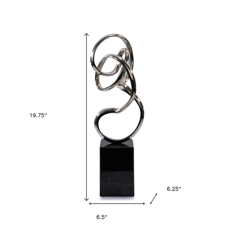 Sculpture de table abstraite moderne 20 po argent et noir en aluminium et marbre