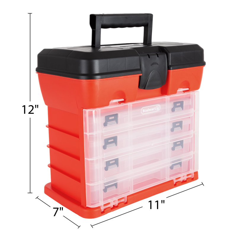 Stalwart Portable Tool Storage Box - Small Parts Organizer with 4 Multi-Compartment Trays ,Red
