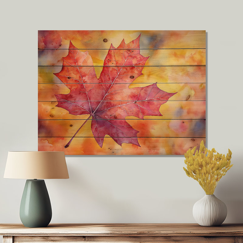 Feuille d'érable d'automne I - impression sur bois de feuilles - sur bois de pin naturel, H 10 po x l 20 po