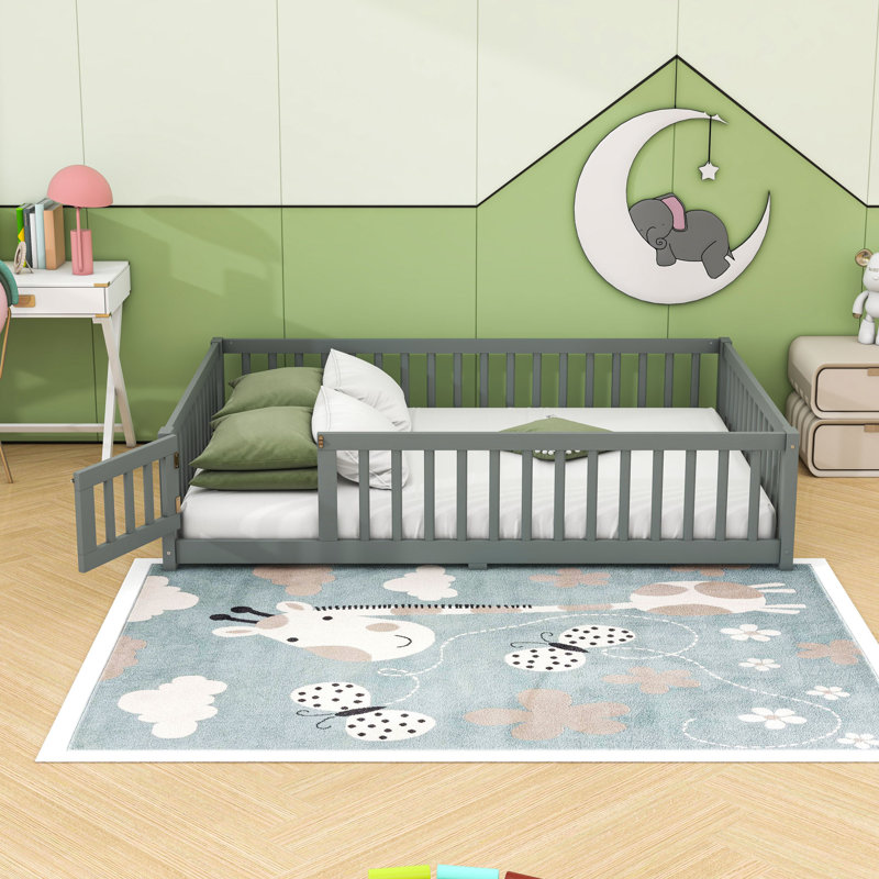 Wooden Bed With Slats And Safety Guardrails, Gray, Full