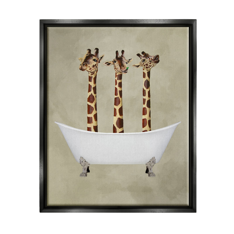 Trois girafes dans une baignoire, art mural par Coco De Paris, Cadre flottant noir de jais, L 17 po x H 21 po