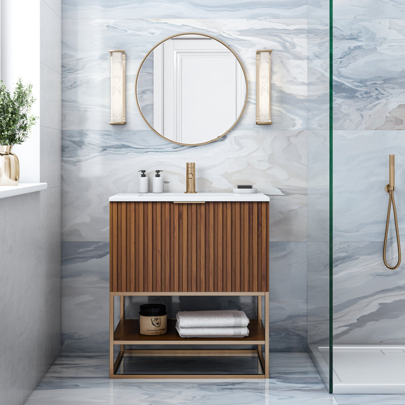 Terra 30'' Single Bathroom Vanity with Top, Walnut, White Quartz/Single Faucet Mount, Satin Brass