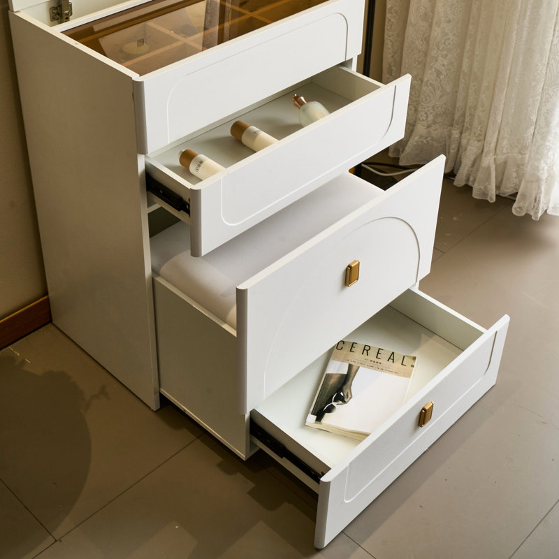 Coiffeuse compacte blanche avec 3 tiroirs, miroir rabattable, tabouret rembourré, éclairage à DEL et rangement dissimulé pour le maquillage de chambre à coucher en 1 pièce