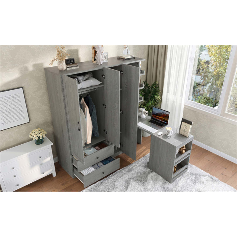 Armoire multifonctionnelle avec 2 portes, tringle, bureau convertible et tiroirs de rangement pour une vie moderne peu encombrante