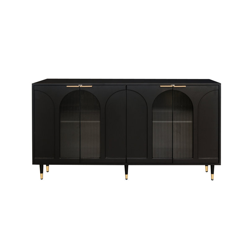 4 Glass Doors Accent Cabinet: Black Lacquered Wooden Storage For Entryway, Living Room Cabinet Lacquered: Various Rooms. , Vintage Look, Adjustable Shelves