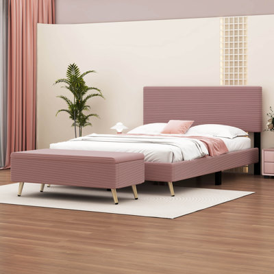 Olsene 2 Pieces Bedroom Sets Queen Size Upholstered Bed Frame With Corduroy Storage Ottoman