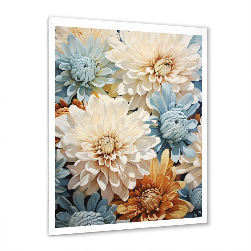 «Mums White and Blue Elegance III», reproduction sur toile, H 20 po x l 12 po x P 1 po, Cadre simple blanc