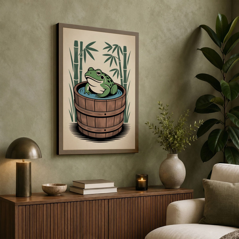 Frog in a Barrel Japandi - Wrapped Canvas, 30x20 - 76.2 x 50.8 cm, Cream Border