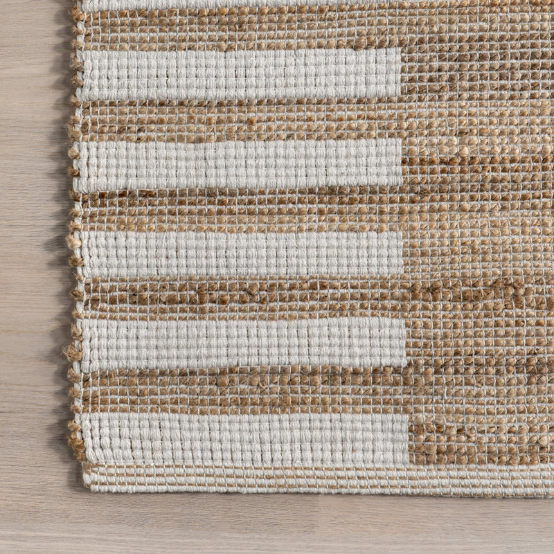 Natural Tan and White Striped Cotton Jute Rug, 4' x 6'