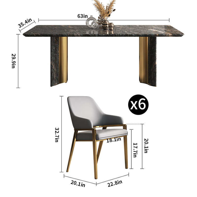 Rectangular Artificial Marble Dining Table Set, 29.9"H x 63"L x 35.4"W